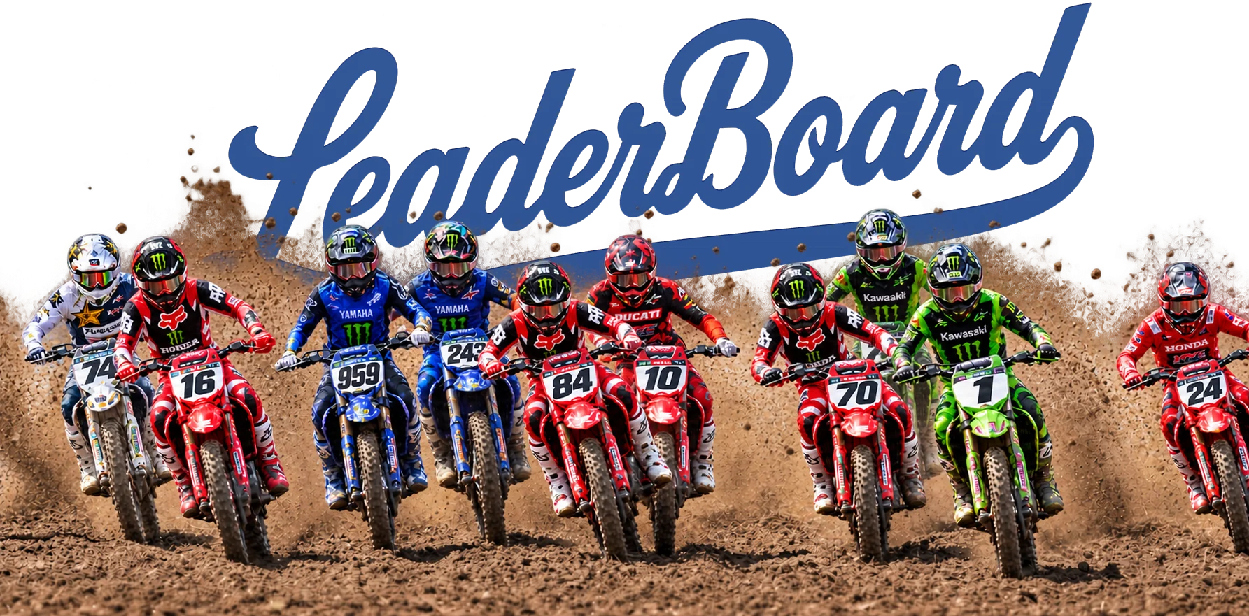 A motocross start: the pack off the gate under the LeaderBoard script, Honda, Yamaha, Kawasaki, Ducati, Husqvarna, roost in the air.